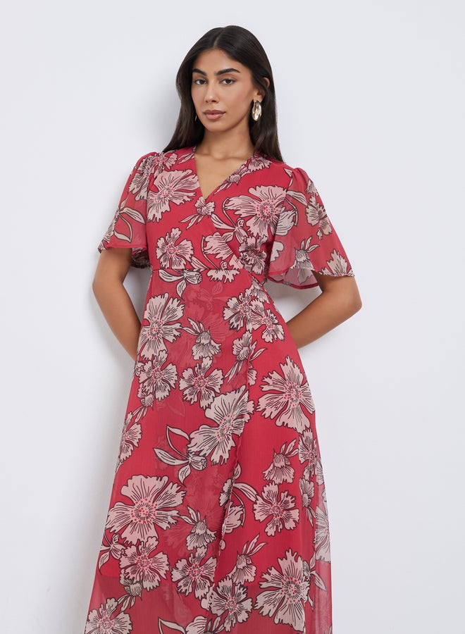 Styli Red Floral Wrap Maxi Dress - Image 2