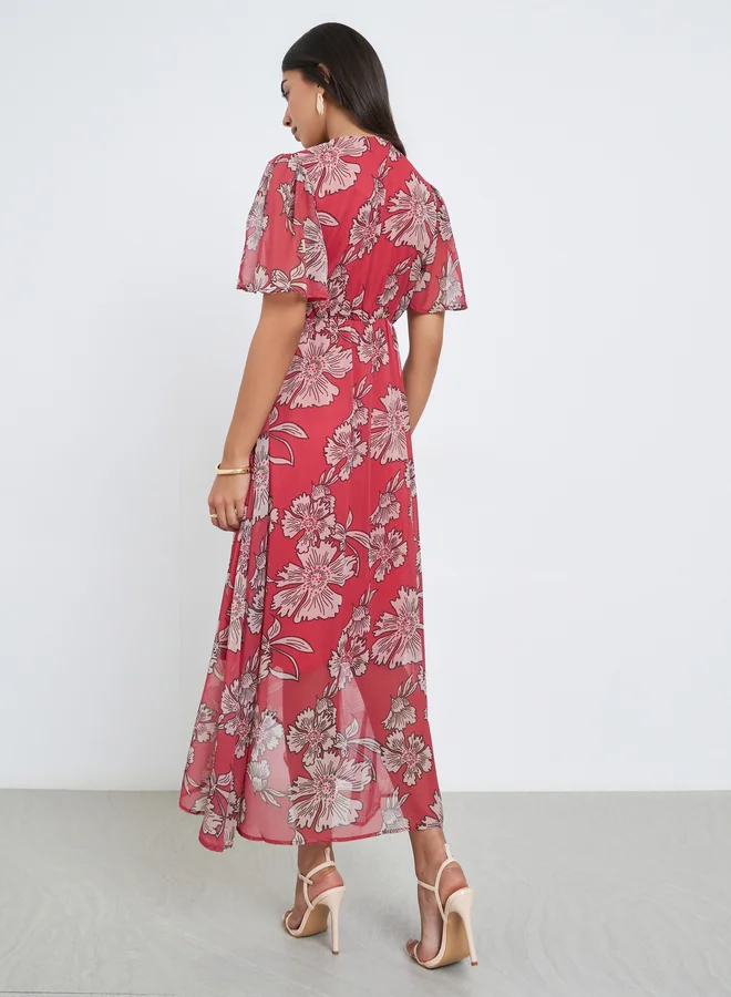 Styli Styli Red Floral Wrap Maxi Dress