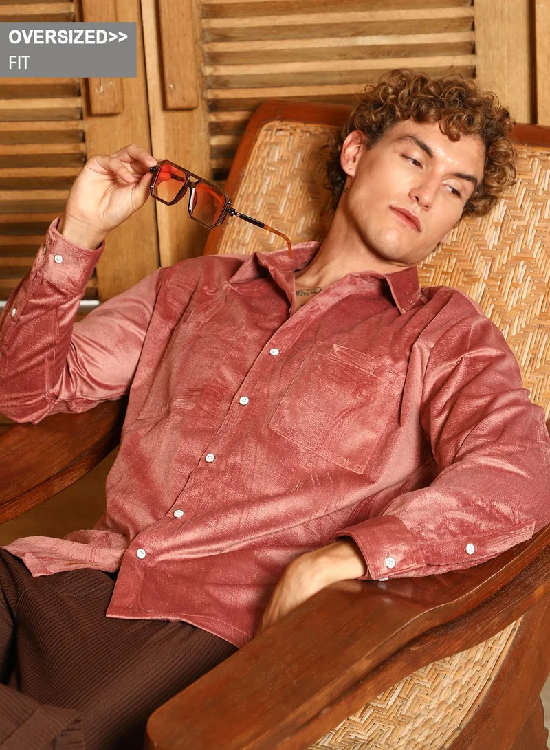 Campus Sutra Campus Sutra Men's Coral Pink Corroded Utility Shacket For Casual Wear | Spread Collar | Long Cuffed Sleeves | Button Closure | Overshirt/Shacket Crafted With Comfort Fit For Everyday Wear