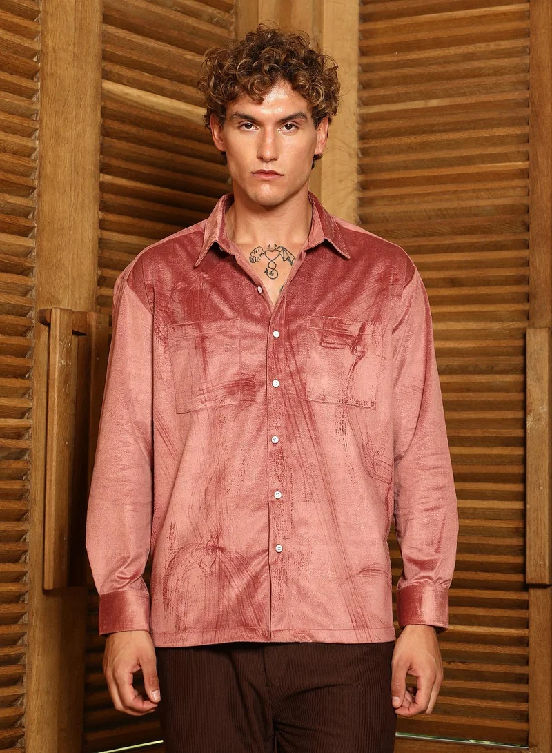 Campus Sutra Campus Sutra Men's Coral Pink Corroded Utility Shacket For Casual Wear | Spread Collar | Long Cuffed Sleeves | Button Closure | Overshirt/Shacket Crafted With Comfort Fit For Everyday Wear
