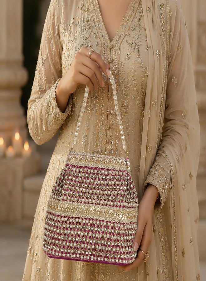 Nevis Silk Fabric Premium Pearl & Crystal Embroidered Potli Bag for Women | Ethnic Bridal Clutch with Golden Handle | Party & Wedding - Image 3