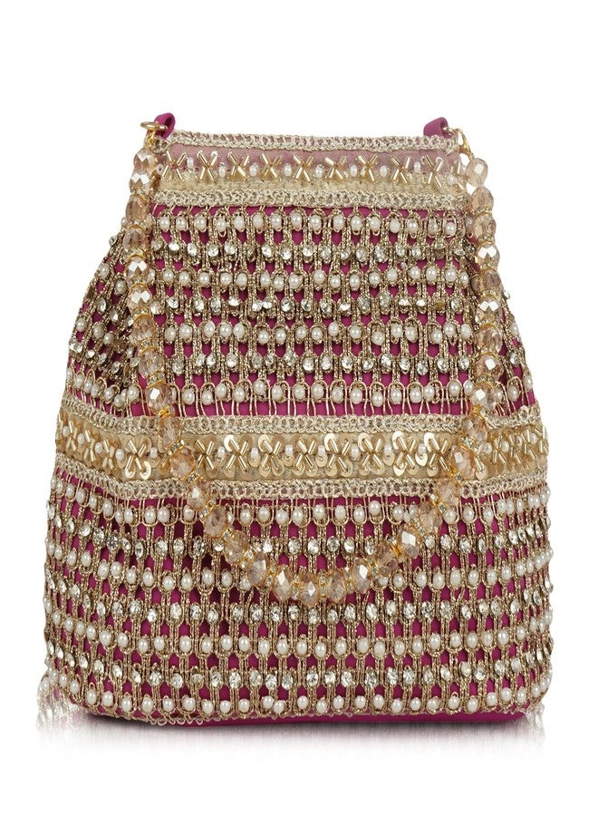 Nevis Silk Fabric Premium Pearl & Crystal Embroidered Potli Bag for Women | Ethnic Bridal Clutch with Golden Handle | Party & Wedding - Image 1