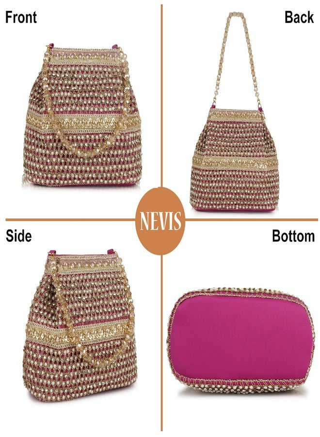 Nevis Silk Fabric Premium Pearl & Crystal Embroidered Potli Bag for Women | Ethnic Bridal Clutch with Golden Handle | Party & Wedding - Image 4