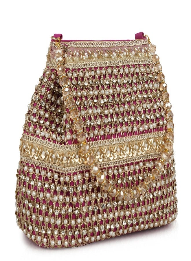 Nevis Silk Fabric Premium Pearl & Crystal Embroidered Potli Bag for Women | Ethnic Bridal Clutch with Golden Handle | Party & Wedding - Image 2