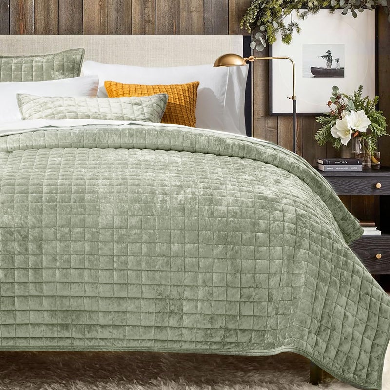 RECYCO Luxury Velvet Quilt Set King Size Bedding Sets, Ultra Soft Velvet Comforter Set, Lightweight Channel Box Stitch Oversized Bedspread Coverlet for All Season, with 2 Shams, Sage Green - Image 1