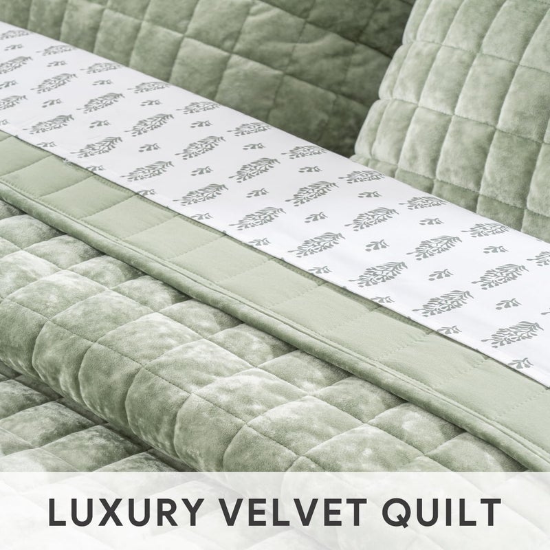RECYCO Luxury Velvet Quilt Set King Size Bedding Sets, Ultra Soft Velvet Comforter Set, Lightweight Channel Box Stitch Oversized Bedspread Coverlet for All Season, with 2 Shams, Sage Green - Image 5