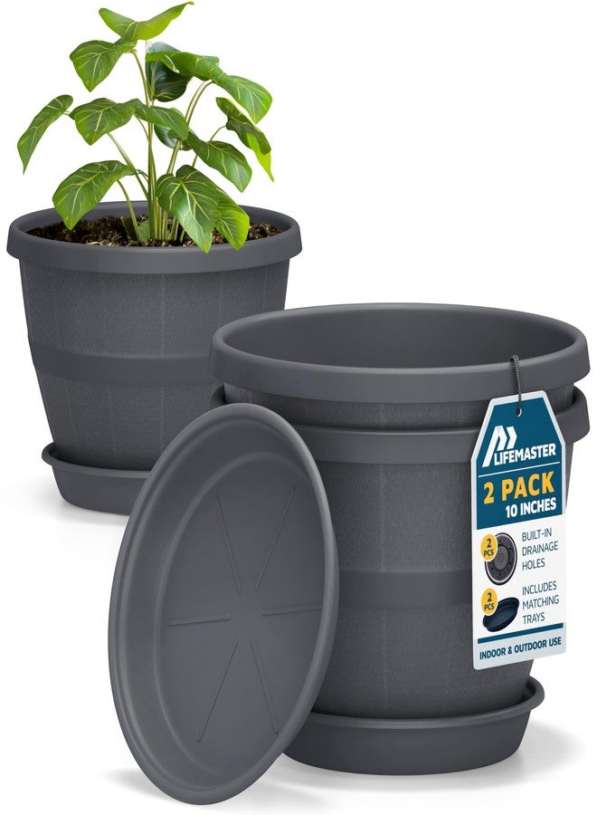 LifeMaster 10-Inch Whiskey Barrel Planters Outdoor Pack of 2 - Durable Plastic Plant Pots for Indoor & Outdoor Use with Drainage & Saucer, Lightweight Rustic Barrel Planters for Flowers, Herbs & Small Plants - Image 1