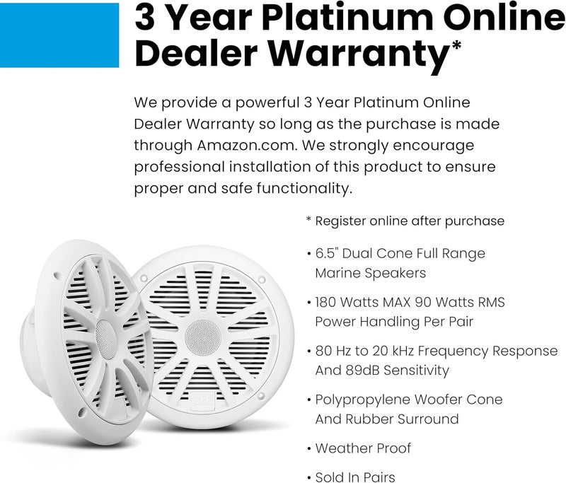 BOSS AUDIO SYSTEMS MR6W 180 Watt Per Pair, 6.5 Inch, Full Range, 2 Way Weatherproof Marine Speakers Sold in Pairs, White - Image 4