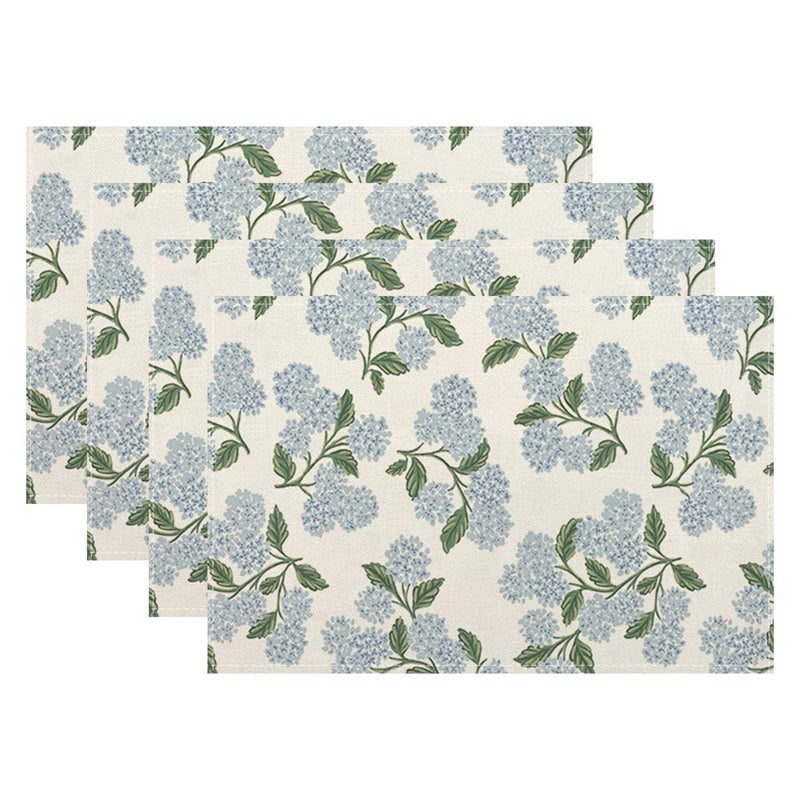 DAFENA Blue Green Spring Placemats Set of 4 Hydrangea Flower Decor Place Mats 12x18 Inch Vintage Floral Summer Seasonal Decorative Linen Table Mats for Home Kitchen Dining Party Table Decoration - Image 1