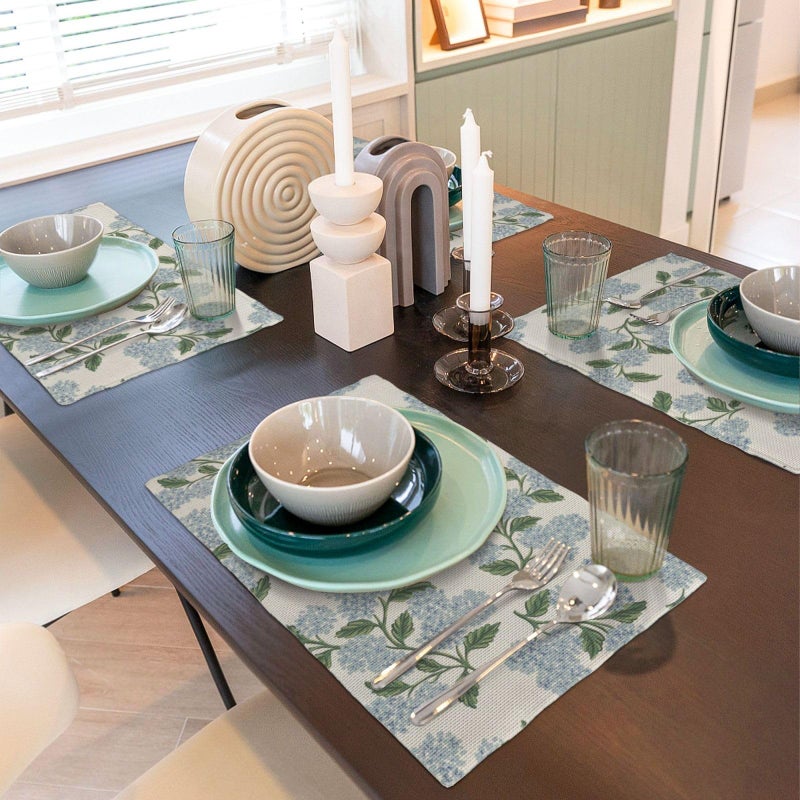 DAFENA Blue Green Spring Placemats Set of 4 Hydrangea Flower Decor Place Mats 12x18 Inch Vintage Floral Summer Seasonal Decorative Linen Table Mats for Home Kitchen Dining Party Table Decoration - Image 5
