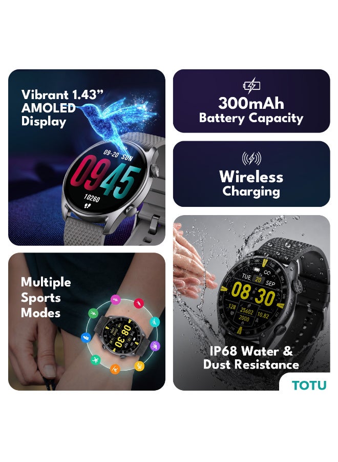 Totu Smartwatch - 1.43" AMOLED Round Display, Bluetooth Calling, IP68 Waterproof, 300mAh Battery, Heart Rate & Sleep Monitor - Black - Image 2