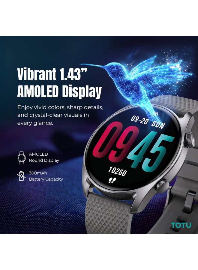 Totu Smartwatch - 1.43" AMOLED Round Display, Bluetooth Calling, IP68 Waterproof, 300mAh Battery, Heart Rate & Sleep Monitor - Black - Image 4