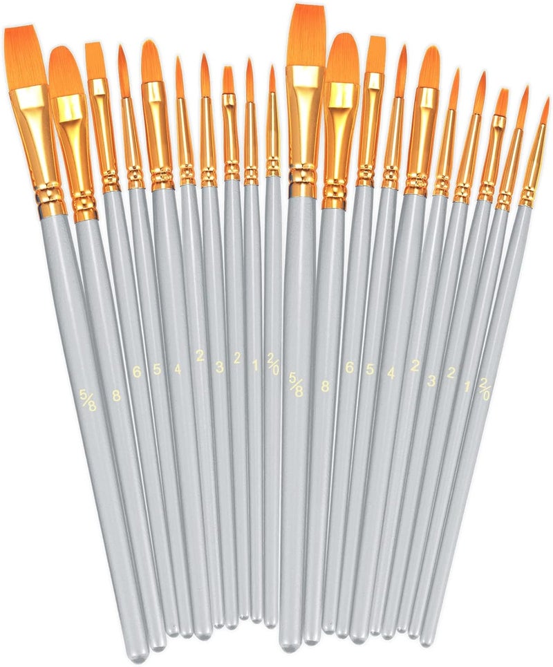 BOSOBO Paint Brushes Set, 2 Pack 20 Pcs Round Pointed Tip Paintbrushes Nylon Hair Artist Acrylic Paint Brushes for Acrylic Oil Watercolor, Face Nail Art, Miniature Detailing & Rock Painting, Silver - Image 1