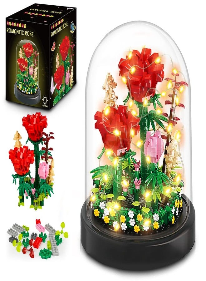 HOGOKIDS Flower Bouquet Building Kit with LED Lighting - 596 PCS Rose Sets with Cover Botanical Building Blocks | Birthday Mini Bricks Valentines Day Gift for Adult Girlfriend Wife (Red Roses) - Image 1
