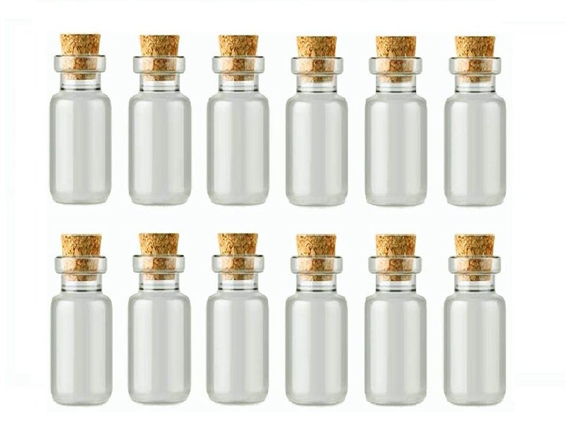 eS³kube Lovely Mini 1Ml Glass Wish & Message Bottles, Tiny Glass Bottles With Wood Cork Stopper For Wedding Favors, Halloween Decorations, DIY Craft - Pack Of 12 Pcs Empty Bottles, Transparent - Image 1
