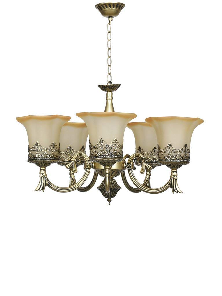 SINOMAN Golden Antique Designer Portuguese Style 5 Lamps with Orangish Yellow Glass Ceiling Hanging Pendant Type Chandelier (with Bulb)(AC) - Image 3