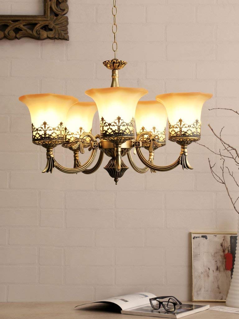 SINOMAN Golden Antique Designer Portuguese Style 5 Lamps with Orangish Yellow Glass Ceiling Hanging Pendant Type Chandelier (with Bulb)(AC) - Image 1