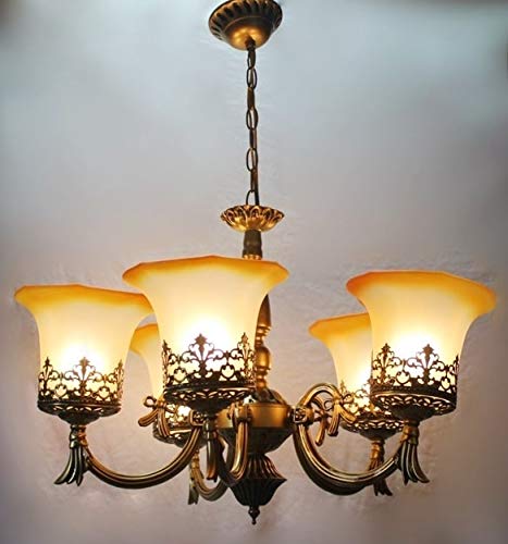 SINOMAN Golden Antique Designer Portuguese Style 5 Lamps with Orangish Yellow Glass Ceiling Hanging Pendant Type Chandelier (with Bulb)(AC) - Image 5