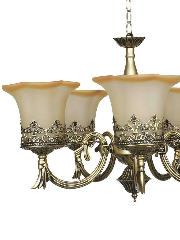 SINOMAN Golden Antique Designer Portuguese Style 5 Lamps with Orangish Yellow Glass Ceiling Hanging Pendant Type Chandelier (with Bulb)(AC) - Image 4