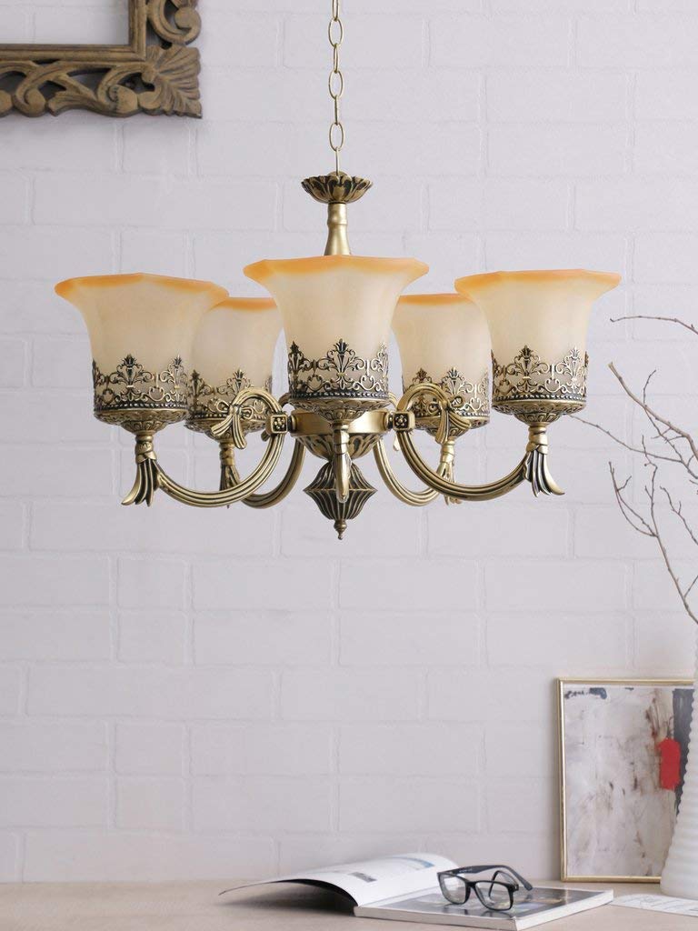 SINOMAN Golden Antique Designer Portuguese Style 5 Lamps with Orangish Yellow Glass Ceiling Hanging Pendant Type Chandelier (with Bulb)(AC) - Image 2