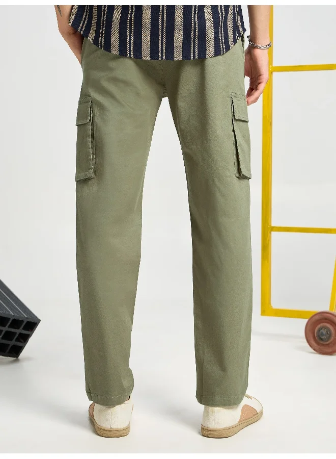 Beyoung Pale Olive Solid Cargo Pants for Men