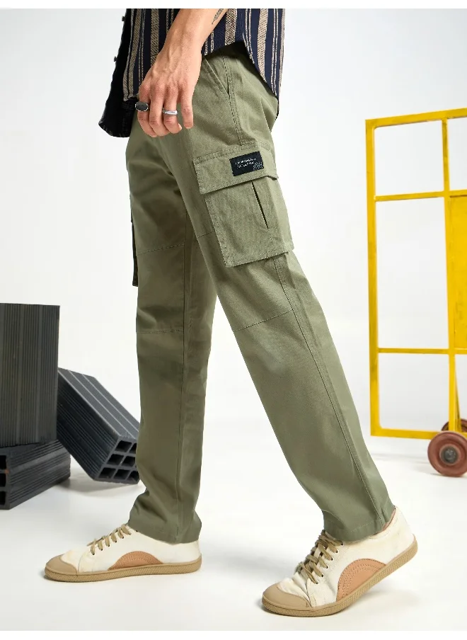 Beyoung Pale Olive Solid Cargo Pants for Men