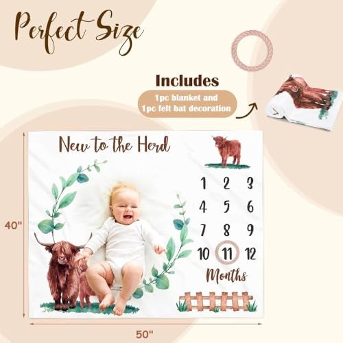 Gicoherero Highland Cows Baby Monthly Milestone Blanket Scotland Photo Prop Month Blanket Growth Chart Gift Ideas for Newborn Boy Girl Nursery Décor Baby Shower 40" X 50" - Image 2