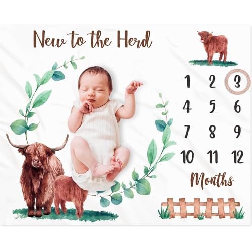 Gicoherero Highland Cows Baby Monthly Milestone Blanket Scotland Photo Prop Month Blanket Growth Chart Gift Ideas for Newborn Boy Girl Nursery Décor Baby Shower 40" X 50" - Image 1