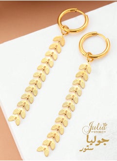 Julia Store 18K Gold Plated Stainless Steel Hanging Drop Earrings with Floating Feathers Dangling Wheat Leaves tassels Dainty Hoop Earrings For Women Girl Gift  - Image 1