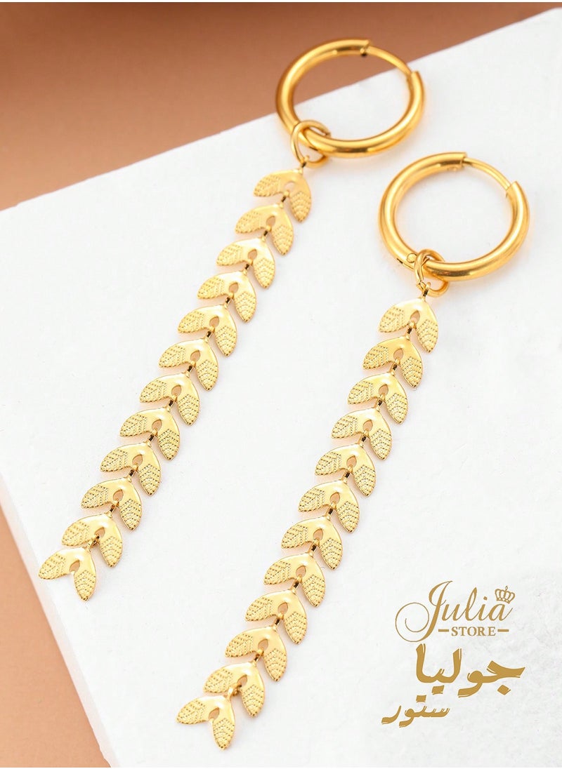 Julia Store 18K Gold Plated Stainless Steel Hanging Drop Earrings with Floating Feathers Dangling Wheat Leaves tassels Dainty Hoop Earrings For Women Girl Gift  - Image 1
