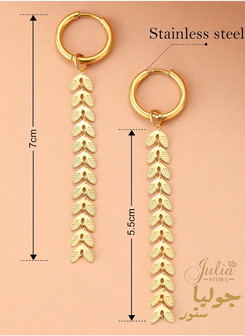 Julia Store 18K Gold Plated Stainless Steel Hanging Drop Earrings with Floating Feathers Dangling Wheat Leaves tassels Dainty Hoop Earrings For Women Girl Gift  - Image 2