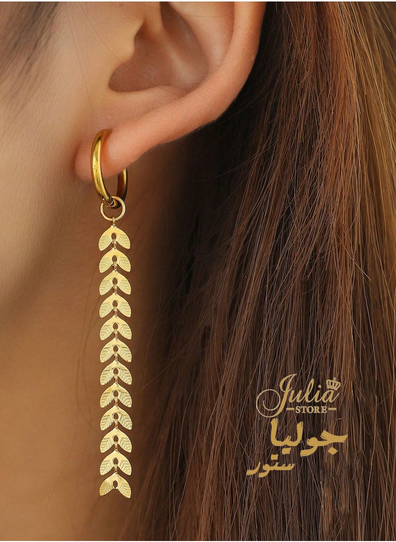 Julia Store 18K Gold Plated Stainless Steel Hanging Drop Earrings with Floating Feathers Dangling Wheat Leaves tassels Dainty Hoop Earrings For Women Girl Gift  - Image 3
