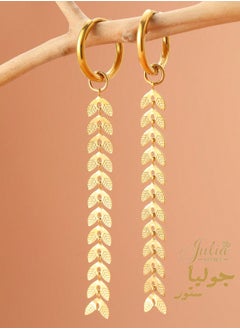 Julia Store 18K Gold Plated Stainless Steel Hanging Drop Earrings with Floating Feathers Dangling Wheat Leaves tassels Dainty Hoop Earrings For Women Girl Gift  - Image 4