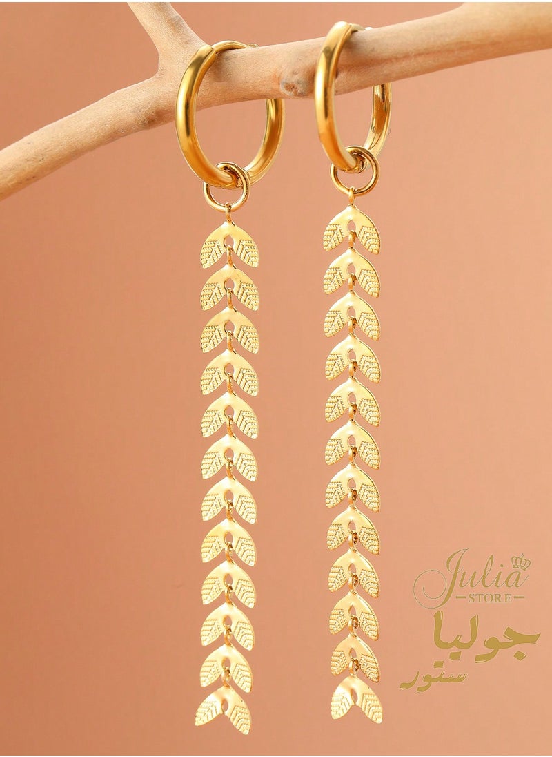 Julia Store 18K Gold Plated Stainless Steel Hanging Drop Earrings with Floating Feathers Dangling Wheat Leaves tassels Dainty Hoop Earrings For Women Girl Gift  - Image 4