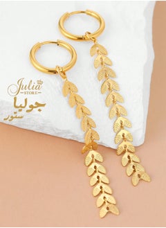 Julia Store 18K Gold Plated Stainless Steel Hanging Drop Earrings with Floating Feathers Dangling Wheat Leaves tassels Dainty Hoop Earrings For Women Girl Gift  - Image 5