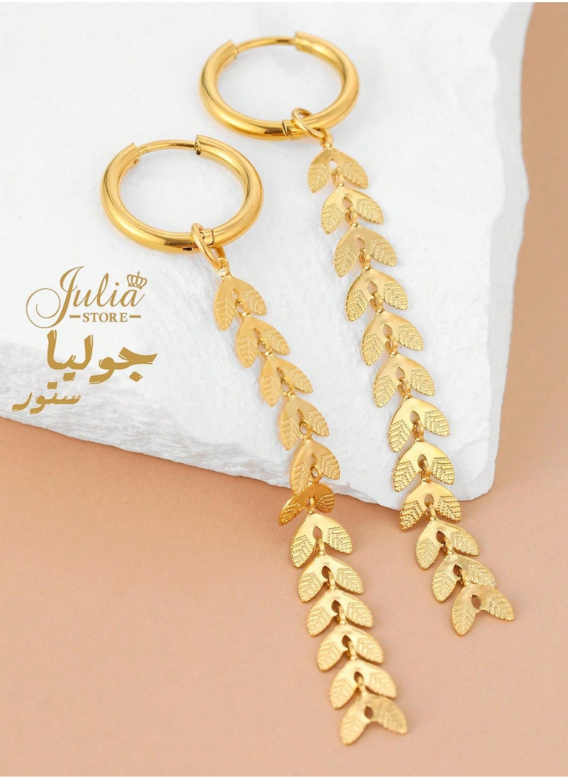 Julia Store 18K Gold Plated Stainless Steel Hanging Drop Earrings with Floating Feathers Dangling Wheat Leaves tassels Dainty Hoop Earrings For Women Girl Gift  - Image 5