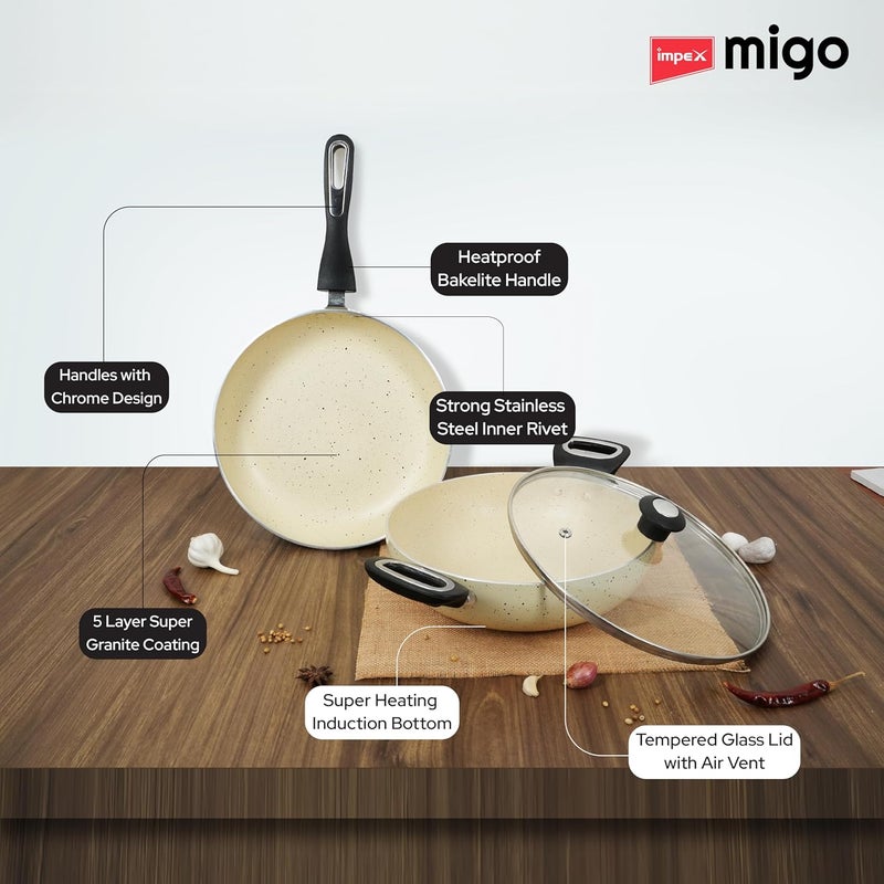 Impex مجموعة أواني الطهي غير اللاصقة من ميغو | 3 قطع بقاعدة حثية بسماكة 3 مم | ألمنيوم بتشطيب جرانيت | طلاء سوبر جرانيت 5 طبقات | خالية من PFOA | ضمان لمدة سنة - Image 2