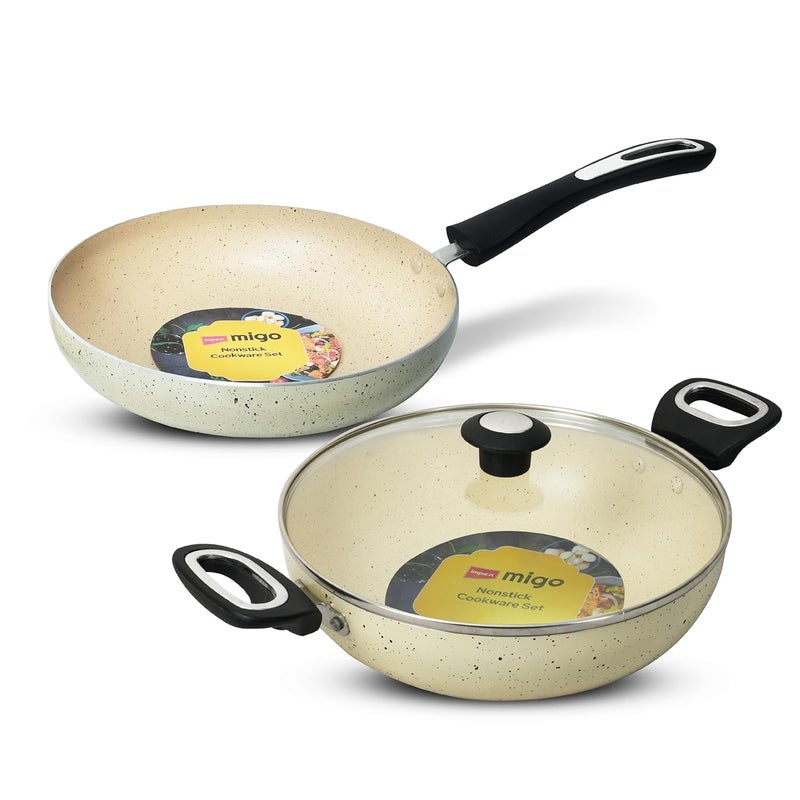 Impex مجموعة أواني الطهي غير اللاصقة من ميغو | 3 قطع بقاعدة حثية بسماكة 3 مم | ألمنيوم بتشطيب جرانيت | طلاء سوبر جرانيت 5 طبقات | خالية من PFOA | ضمان لمدة سنة - Image 1