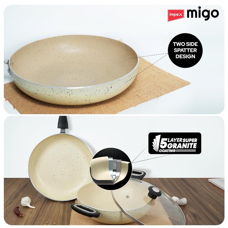 Impex مجموعة أواني الطهي غير اللاصقة من ميغو | 3 قطع بقاعدة حثية بسماكة 3 مم | ألمنيوم بتشطيب جرانيت | طلاء سوبر جرانيت 5 طبقات | خالية من PFOA | ضمان لمدة سنة - Image 3