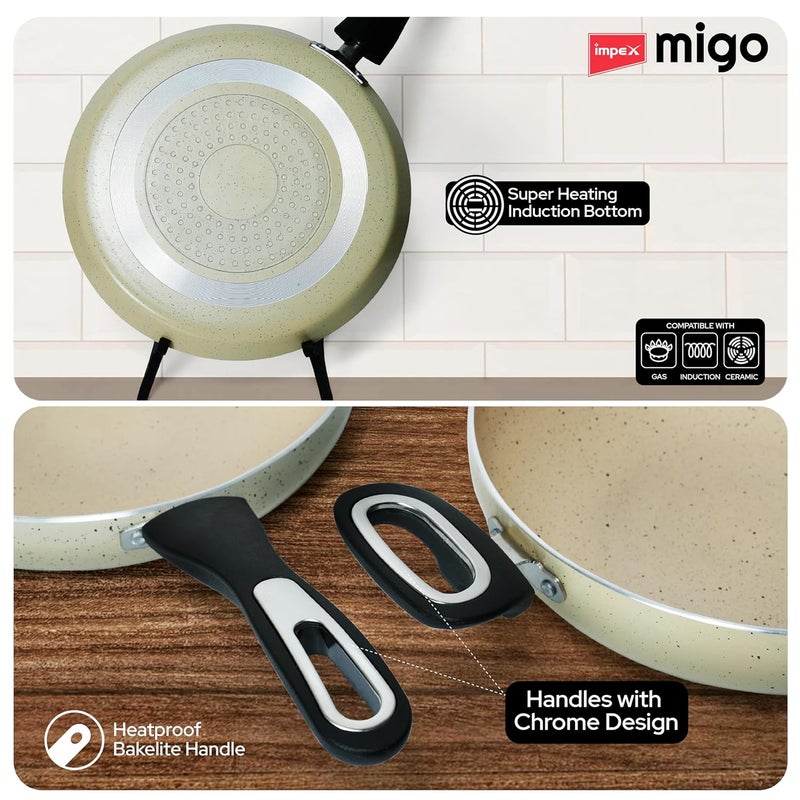 Impex مجموعة أواني الطهي غير اللاصقة من ميغو | 3 قطع بقاعدة حثية بسماكة 3 مم | ألمنيوم بتشطيب جرانيت | طلاء سوبر جرانيت 5 طبقات | خالية من PFOA | ضمان لمدة سنة - Image 4