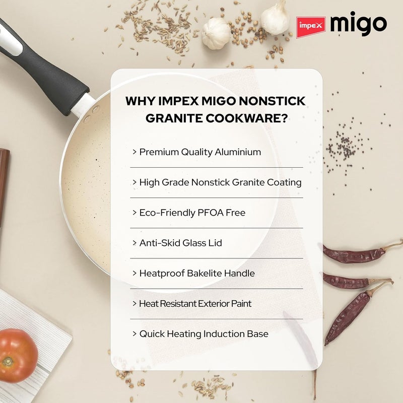 Impex مجموعة أواني الطهي غير اللاصقة من ميغو | 3 قطع بقاعدة حثية بسماكة 3 مم | ألمنيوم بتشطيب جرانيت | طلاء سوبر جرانيت 5 طبقات | خالية من PFOA | ضمان لمدة سنة - Image 5