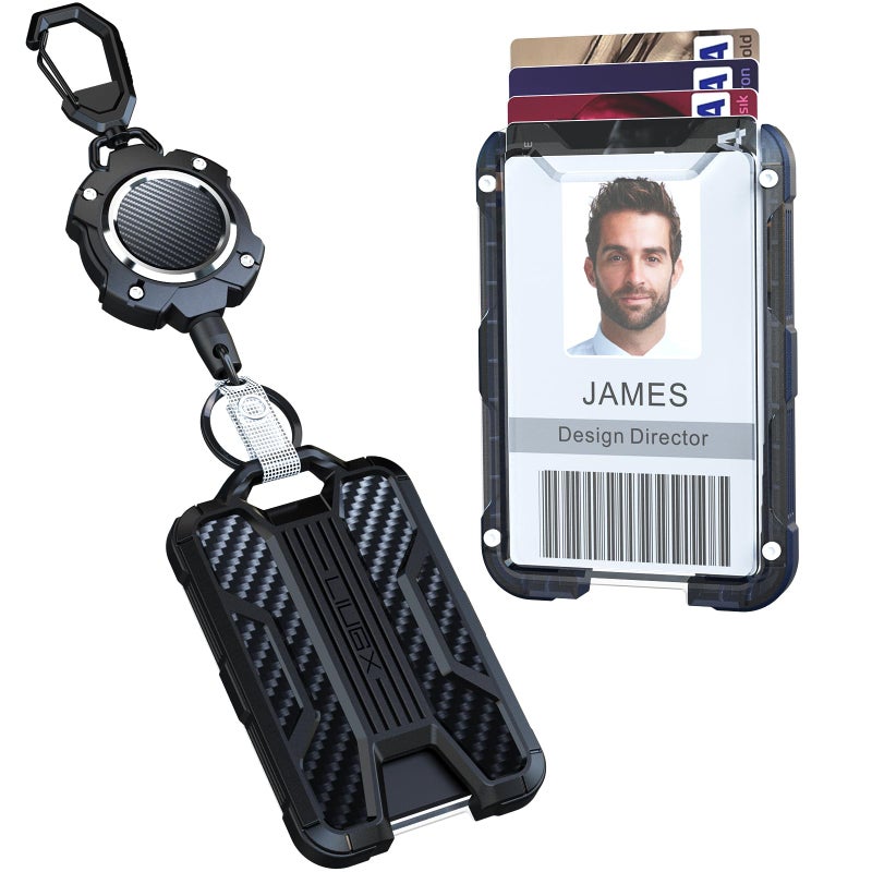 LIUGX Retractable Badge Holders, Heavy Duty Carabiner Keychain,Durable ID Card Holder (Holds 4 Cards), Carbon Fiber-Texture, with 31.5â€Badge Reel Key Chain, 10,000+ Rebound, Silver-Black - Image 1