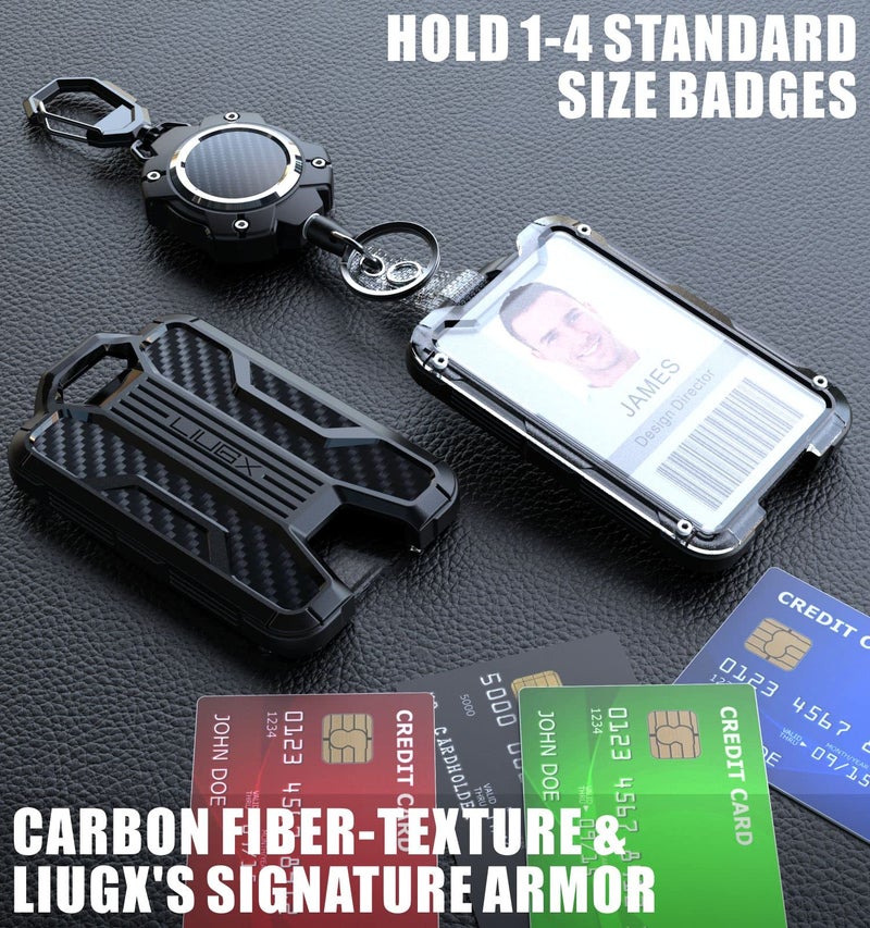 LIUGX Retractable Badge Holders, Heavy Duty Carabiner Keychain,Durable ID Card Holder (Holds 4 Cards), Carbon Fiber-Texture, with 31.5â€Badge Reel Key Chain, 10,000+ Rebound, Silver-Black - Image 3