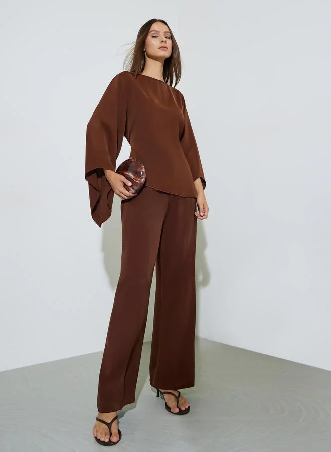 Styli Women Coffee Brown Batwing Sleeve Asymmetric Hem Blouse