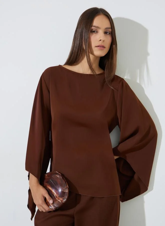 Styli Women Coffee Brown Batwing Sleeve Asymmetric Hem Blouse