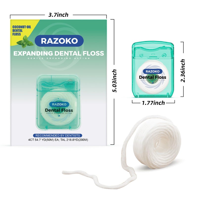 RAZOKO Coconut Oil Dental Floss Expanding Dental Floss Suitable for Wide Spaces (55 Yards, 4 Count) - Mint Flavor - Image 2