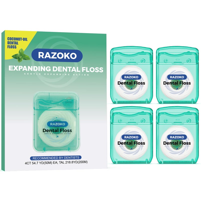 RAZOKO Coconut Oil Dental Floss Expanding Dental Floss Suitable for Wide Spaces (55 Yards, 4 Count) - Mint Flavor - Image 1