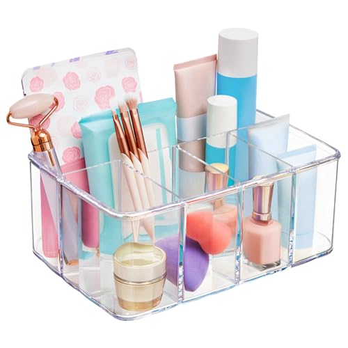 STORi 5Compartment Clear Plastic Organizer Rectangular Divided Makeup and Vanity Storage Bin and Office Desk Caddy Scalloped Wall Design Made in USA