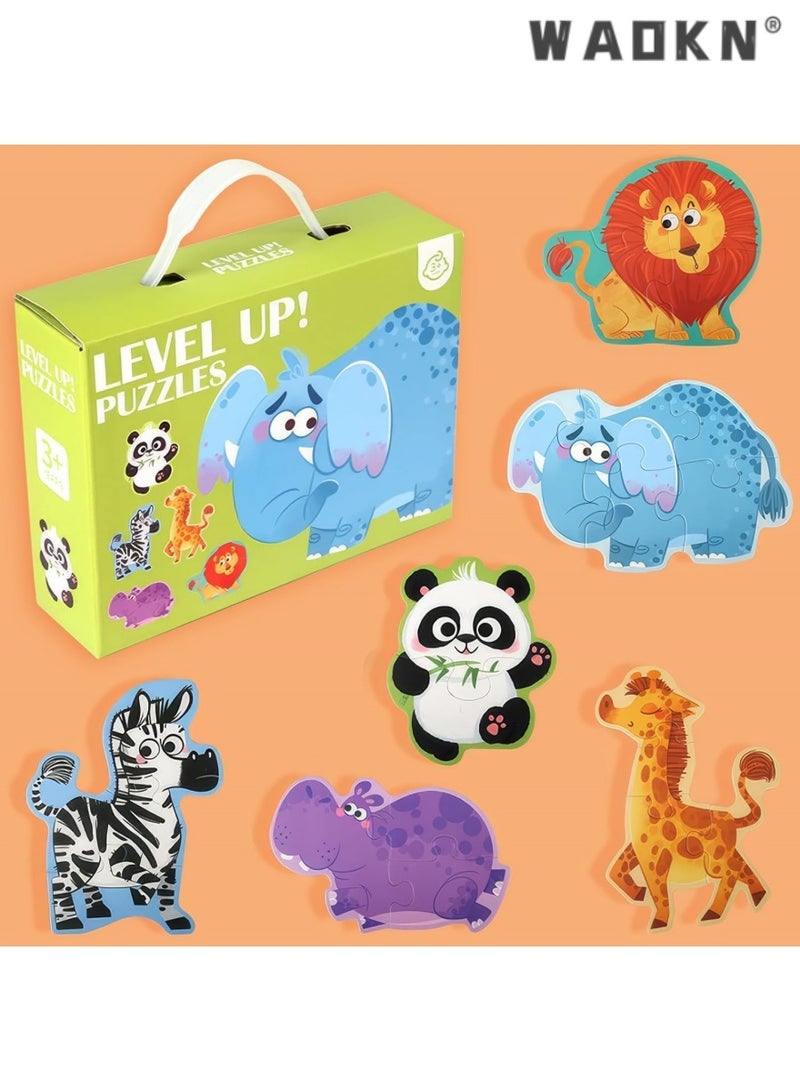 WAOKN Puzzles 6-in-1, Puzzle for 3-5 Years Old Kids, Travel Toy, Beginner Floor Puzzle, Large Size Shaped, Preschool Educational Toys (Animals) - Image 1