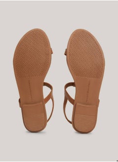 TOMMY HILFIGER Women's Leather Enamel Flag Flat Sandals -  Leather upper, Brown  - Image 3